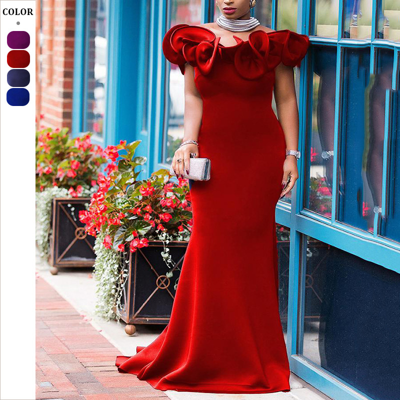2025 European and American Export Plus Size Women's Clothing Wrap One-Shoulder Long Skirt Bridesmaid Group Light Dress Banquet Small Dress for Women