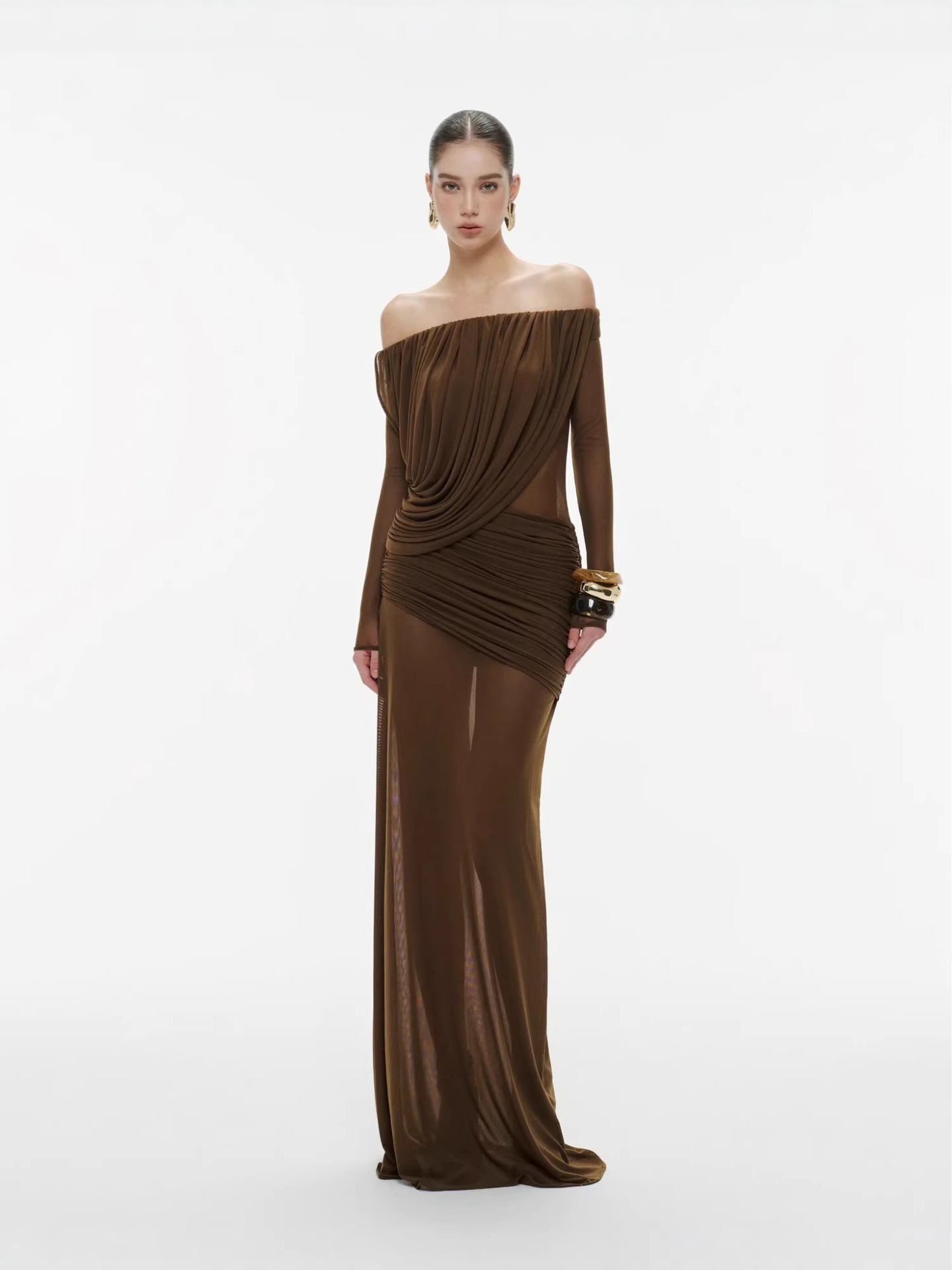 In stock | Mesh Off-Shoulder Long-Sleeved Dress for Women Spring and Summer 2026 New Sexy Slim-Fitting Hip-Hugging Skirt