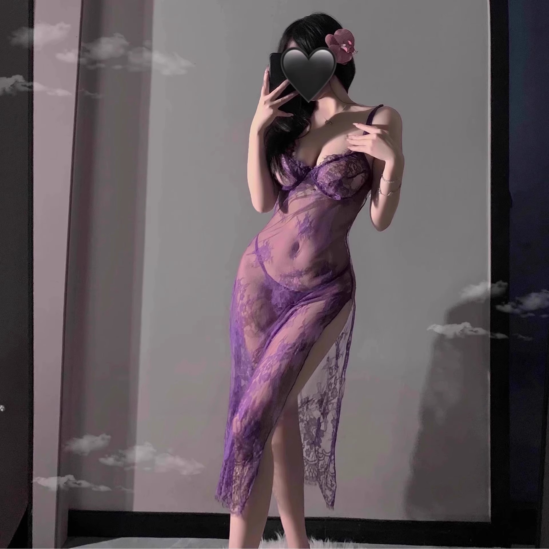 Night piano sexy underwear sexy bed tease purple sling pajamas small chest foreign trade lace split dress 7510