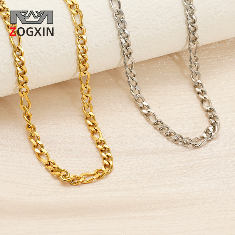 European and American Cross-Border Amazon Jewelry New Hip-Hop Simple Gold Steel Necklace 18K Stainless Steel Figaro Chain Chain