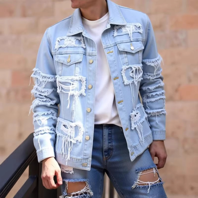 European and American Style Spring and Autumn New Denim Jacket for Men, Trendy Street Style, Slim Fit, Casual, Patchwork, Frayed Edge Jacket