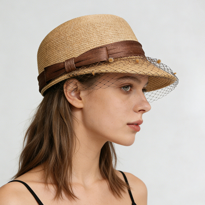 Equestrian Hat Summer Fashion Versatile Fashion Hat Boutique Mesh Silk Linen Bow Wide Brim Straw Hat Sunshade Baseball Cap