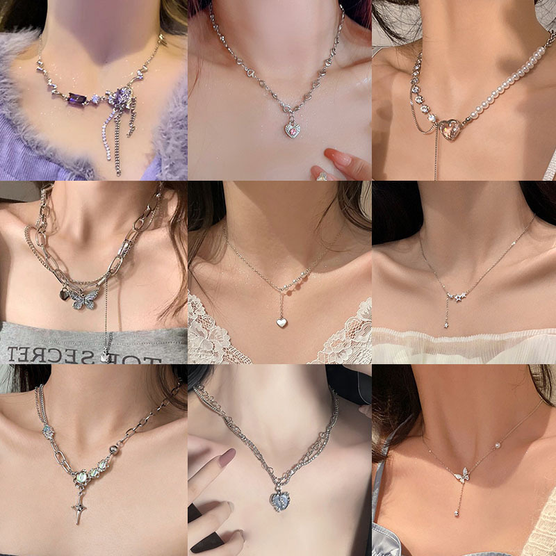 Japanese and Korean Style Metal Hip-Hop Necklace Wholesale Punk Sweet Cool Style Choker High-End Stackable Pearl Clavicle Chain for Women