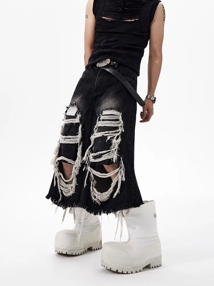 Startexceedend American High Street Cropped Pants Denim Men's Summer Distressed Patch Black Mid-Length Pants