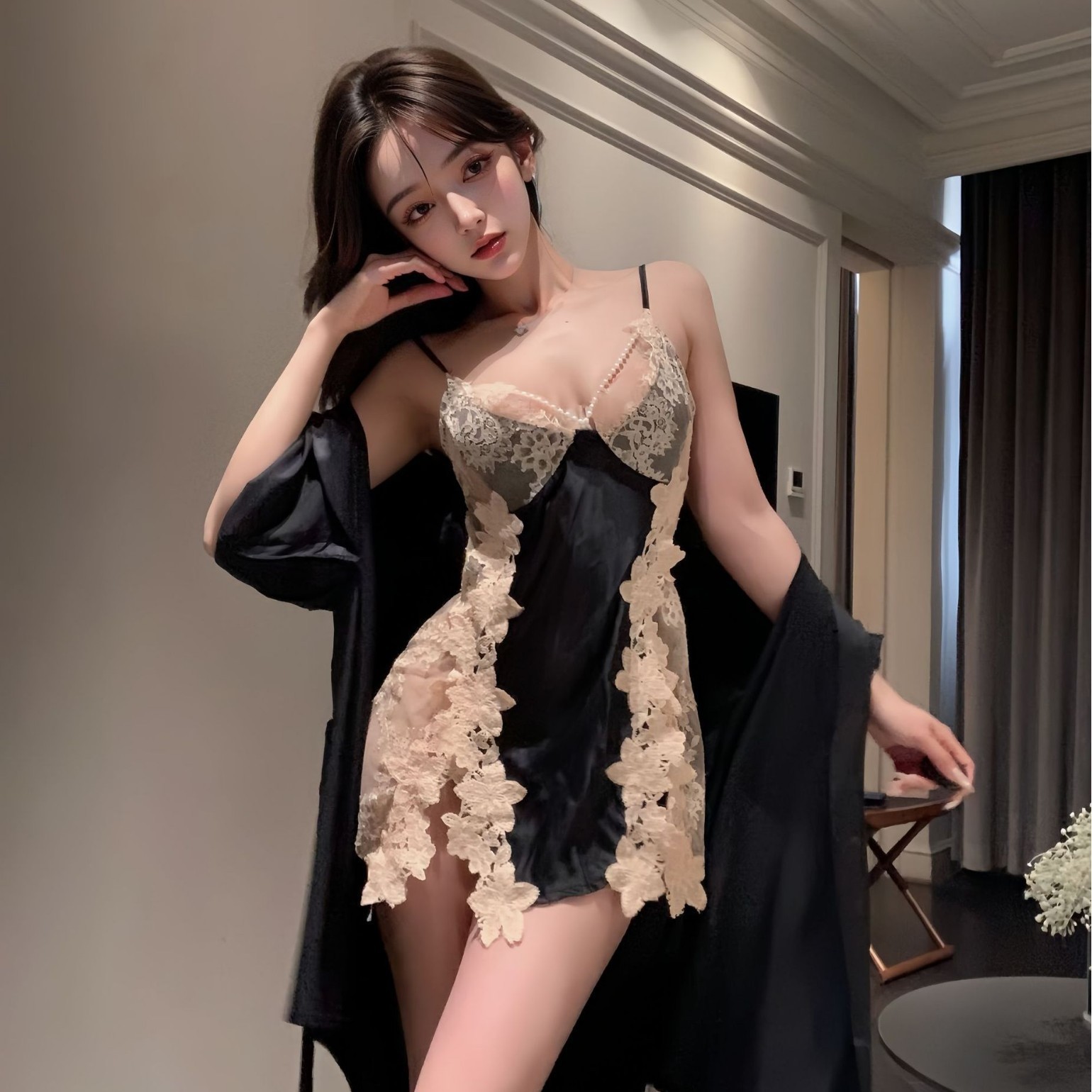 Nighttime Fun Pajamas with Breast Pads for Women, Summer Style, Sexy Ice Silk Erotic Pajamas, New Lace Suspender Nightgown, Pure Desire Set