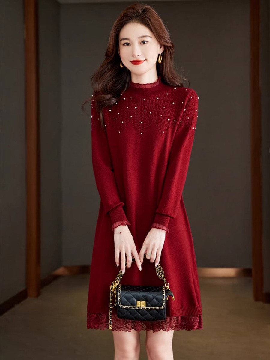 Official Website Lace Knit Dress for Women 2026 Spring and Autumn Style, Suitable for Commuting, Petite Size, Base Layer, Mid-Length Sweater Dress