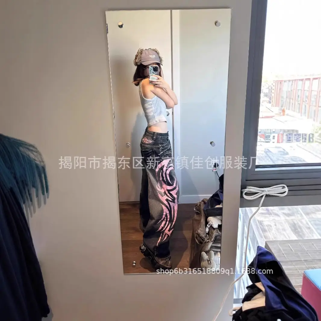 2024 new American retro washed old personality printed jeans fashion trend loose straight pants men