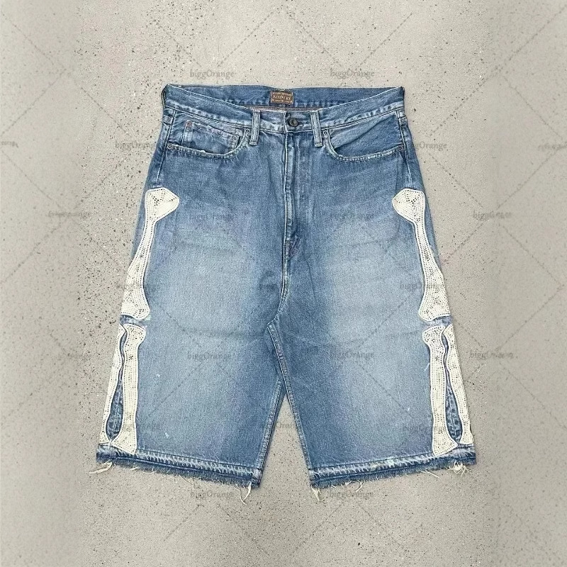 Cross-Border European and American Trendy Brand Embroidered Denim Shorts for Men High Street Retro Bone Embroidery Loose Casual Mid-Pants