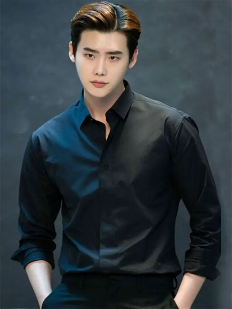Lee Jong-Suk's Same Style Black Long-Sleeved Shirt for Men, Autumn and Winter, High-End, Slim-Fit, Solid Color, Simple Base Layer Shirt
