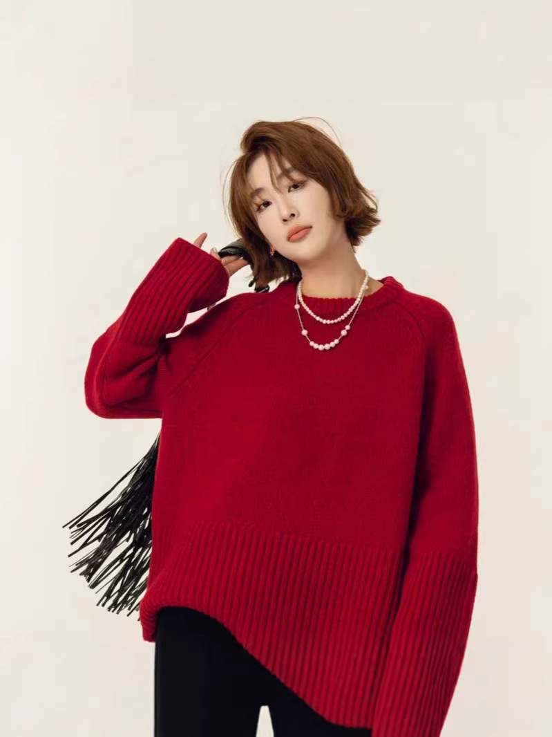 Christmas and New Year Encore Red Round Neck Pure Wool Sweater for Women, Loose Thick Lazy Pullover Knitted Base Sweater