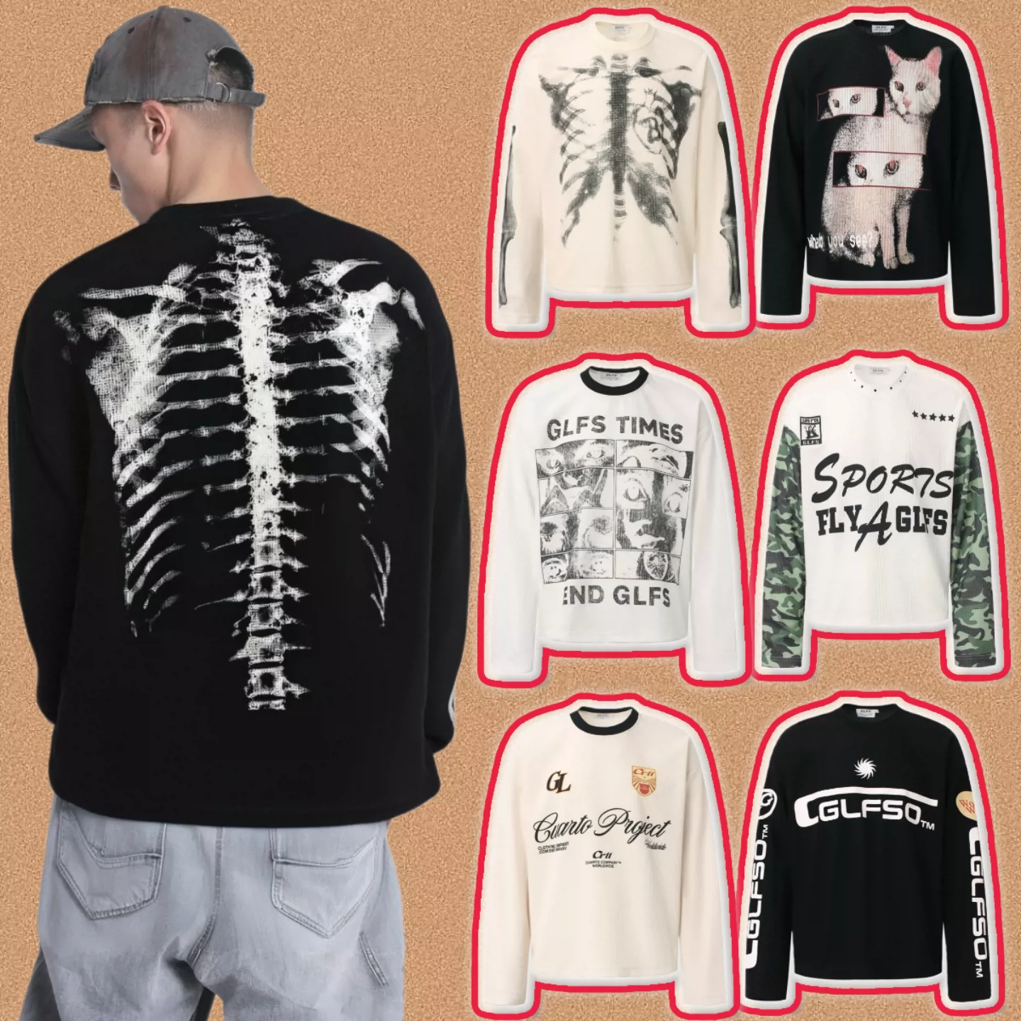 Small original waffle fabric long sleeved American street retro high street printed loose casual versatile T-shirt trend
