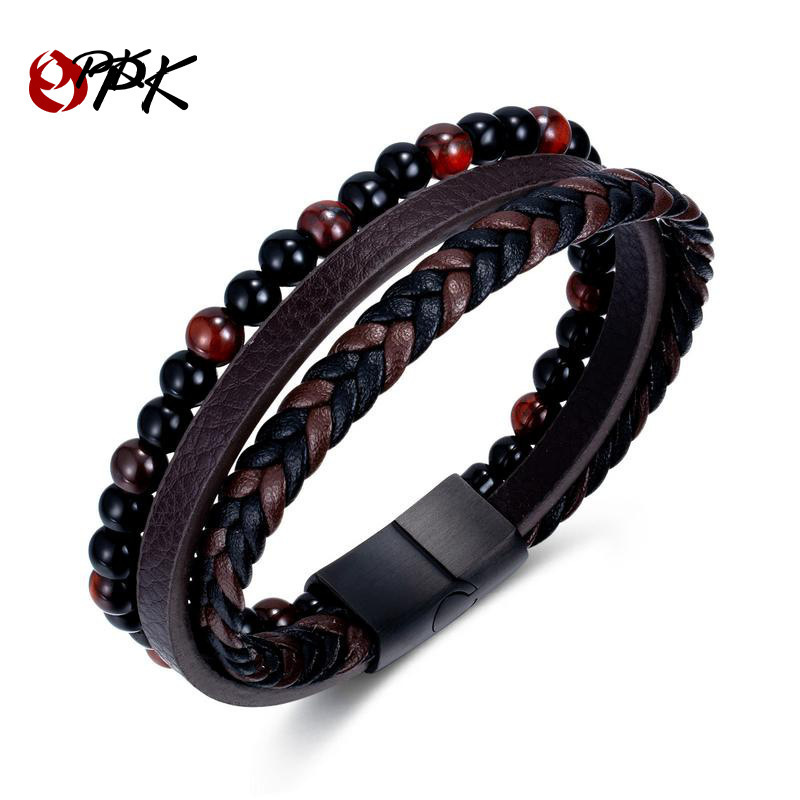 Opk jewelry European and American unique new red tiger eye stone fashion men's vintage handmade multi-layer woven men's leather bracelet