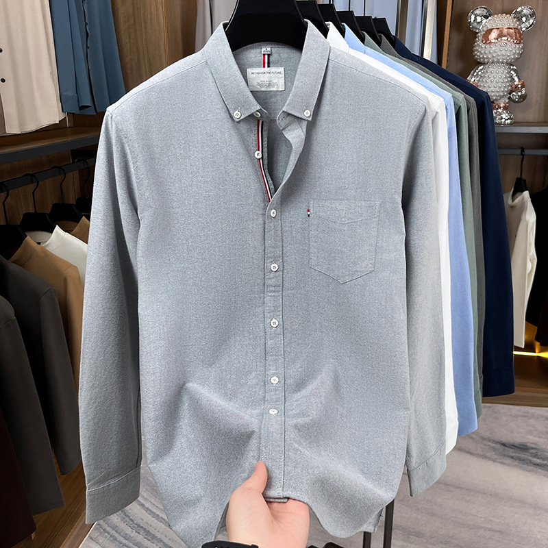 Long-Sleeve Shirt for Men, New Autumn and Winter Style, Pure Cotton, Old Money Style, Casual Simple Design, Real Pockets, Trendy Workwear Men's Shirt