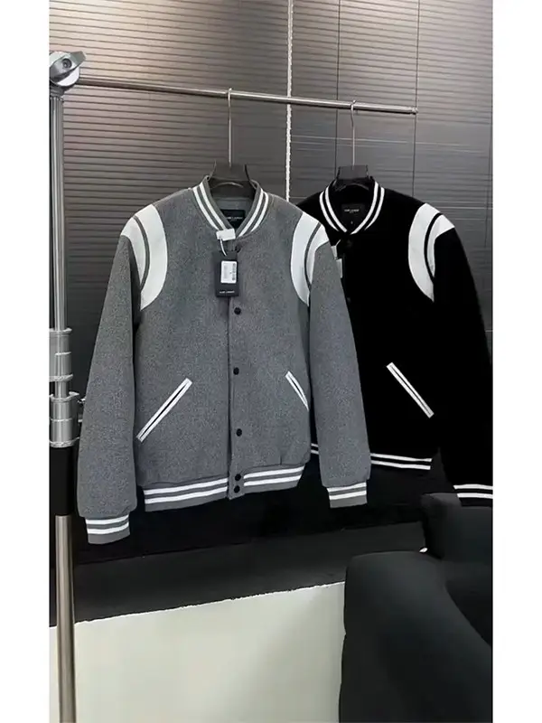 Gray Short Patchwork Baseball Jacket for Men, Autumn Wear, Trendy Brand, High-End Feel, Stand Collar, Padded Shoulder Woolen Jacket