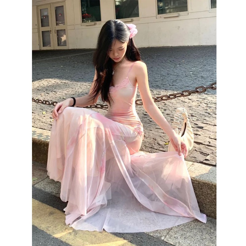 High-End Floral Print Dress for Women, Summer Ultra-Fairy Pink Tulle Dress, Sexy Bodycon Waist-Cinching Slim-Fit Mermaid Dress