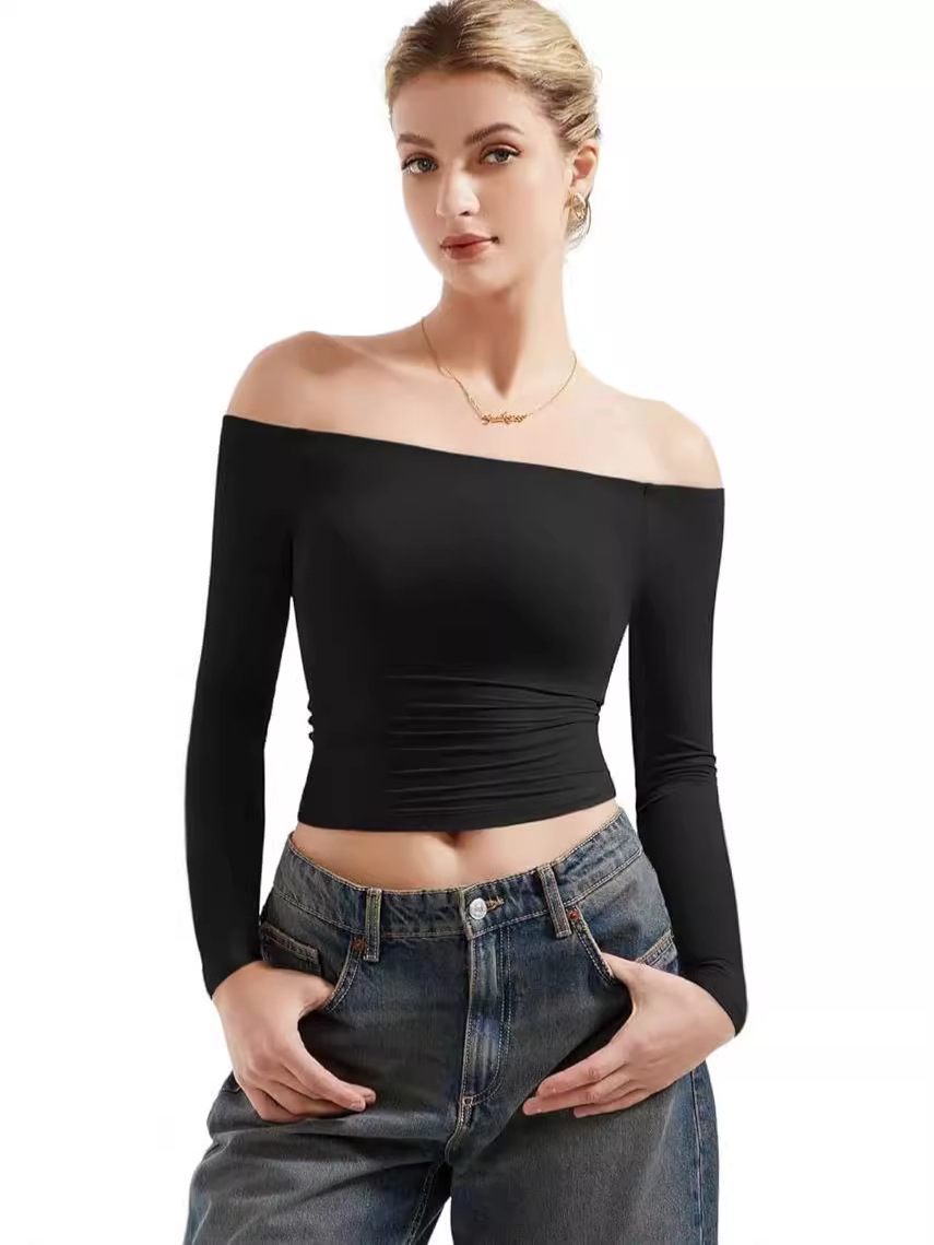 European and American Amazon 2024 Autumn Fashion Sexy Long Sleeve Women's One-Shoulder Clothing Navel-Baring Short Pullover T-Shirt