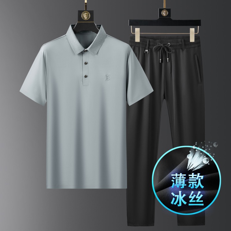 High-End Ice Silk Suit Men's Thin Polo Shirt Casual Suit Short-Sleeved Lapel T-Shirt Summer Men's Suit 91