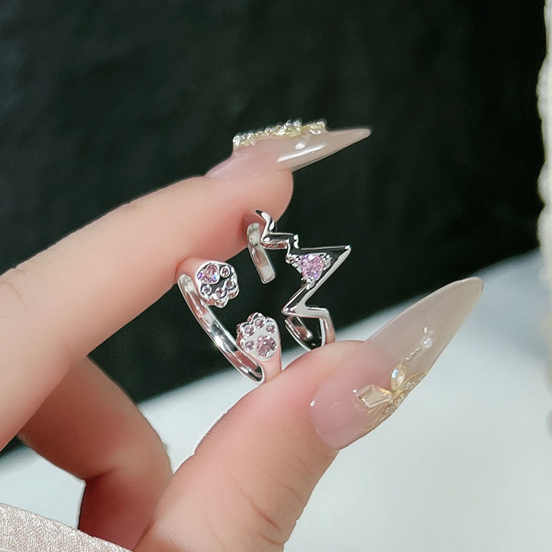 Cute Pink Diamond Cat Paw Heart-Shaped Electrocardiogram Ring, Korean Style Simple Open Ring for Women, Sweet and Cool Stackable Versatile Ring