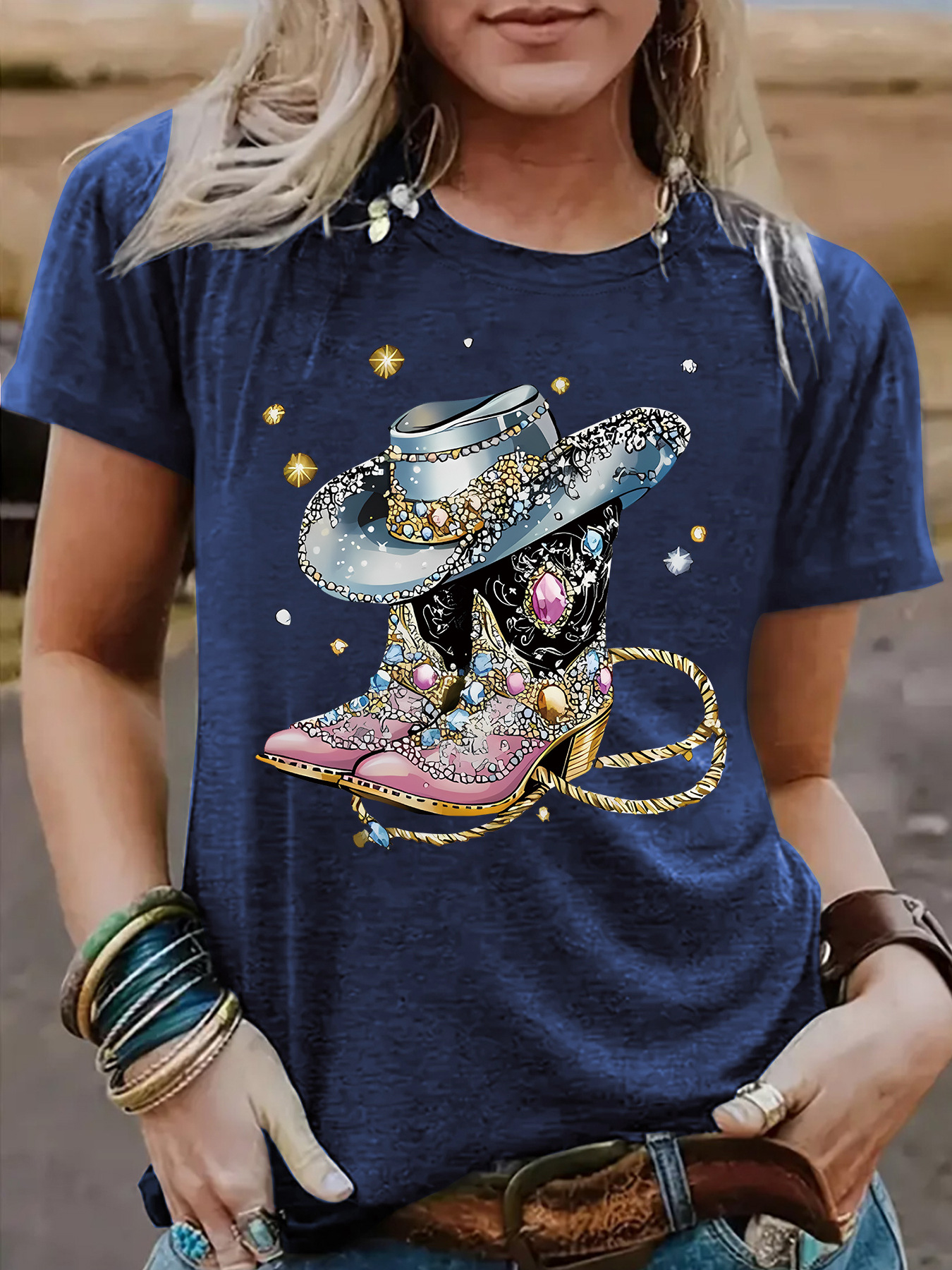European and American Spot Round Neck Short-Sleeved Women's T-Shirt Cowboy Hat Cowboy Boots Printed Summer New Comfortable T-Shirt Cross-Border Hot Sale
