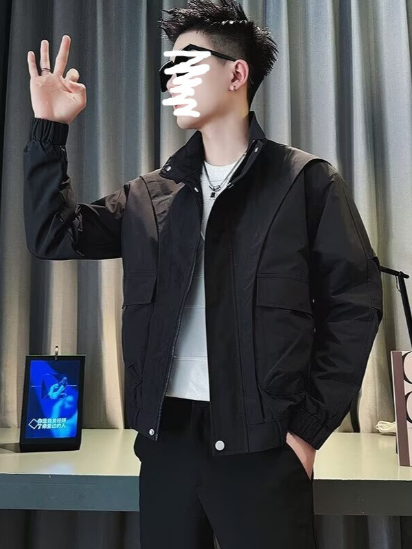 Spring and Autumn Tooling Jacket Men's Casual Jacket 2024 New Style Shuai Short Vertical Collar Fashionable Brand Jacket for Men