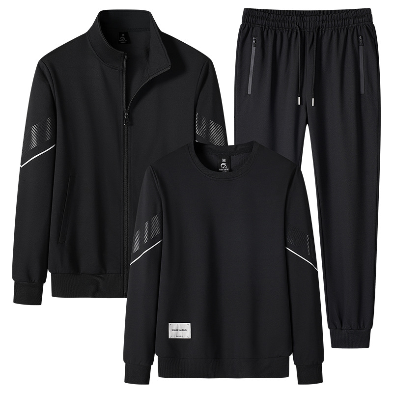 Sports Leisure suit Men's Spring and Autumn Middle-aged and Young People's Long-sleeved Vertical Collar Cardigan Jacket Round Neck Sweater Three-piece Fashionable Set