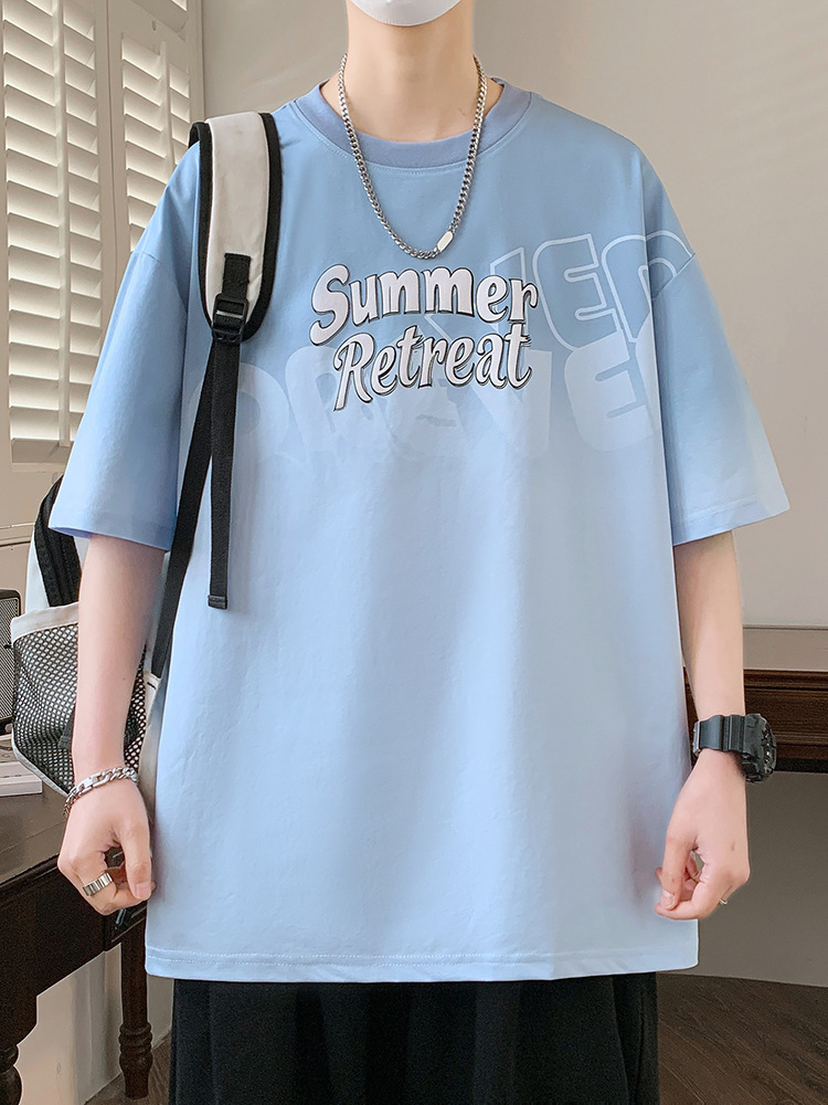 Summer Youth Student Gradient Casual Round Neck Half-Sleeve T-Shirt Loose Trendy Letter Print Five-Quarter Sleeve Boys' T-Shirt