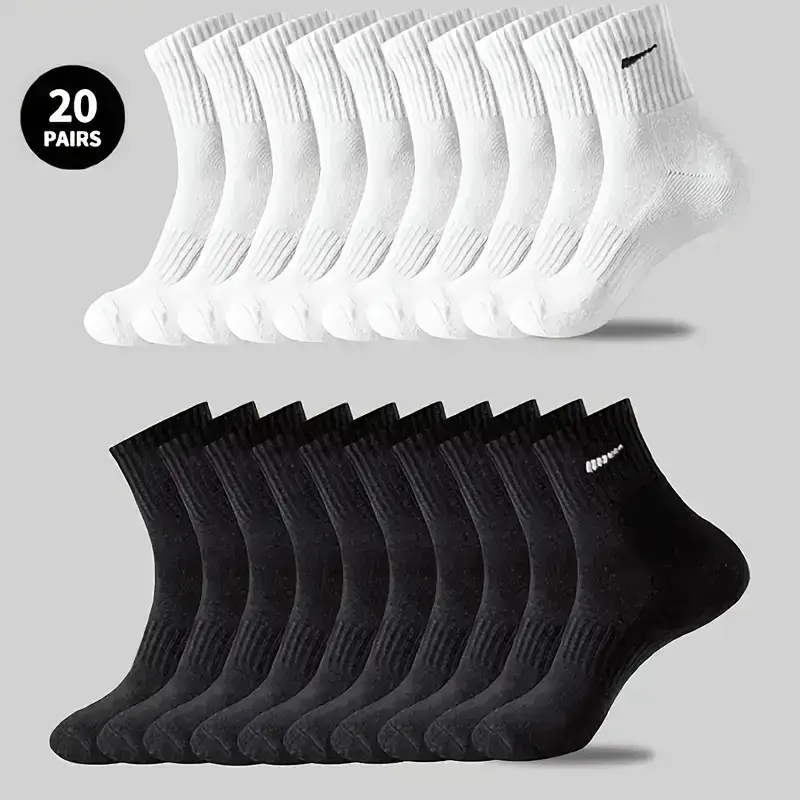 Classic Black and White Mid-Length Cotton Socks for Men and Women, Plain Color Versatile Basketball Sports Socks, Odor-Resistant
