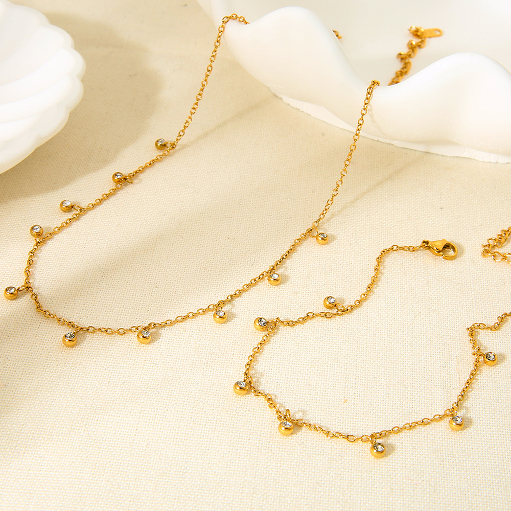 Cross-Border Hot-Selling Item: Stainless Steel Anklet Necklace with Round Diamond Tassel Pendant, Gold-Plated, Waterproof, Light Luxury, High-End Jewelry for Women