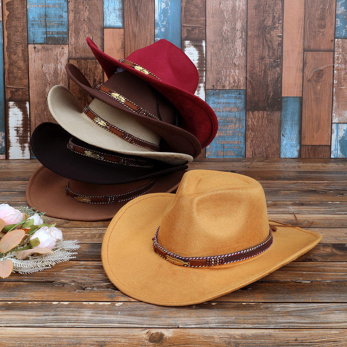 New Xizang-Style Hat with Ethnic Minority Design, Metal Feathers, Western Cowboy Hat for Men and Women, Couple's Felt Hat
