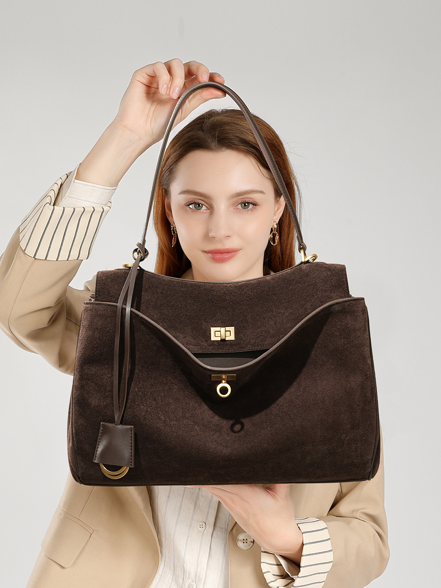 Rodeo Genuine Leather Armpit Bag Suede Frosted Cowhide Stiff Stereo Work Clothing High-End Large-Capacity Women's Tote Bag