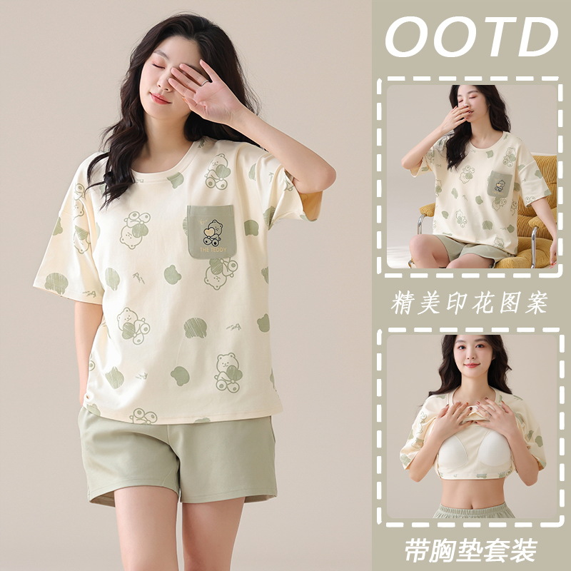 Comes with Chest Pad Pajamas Women's Summer Day Cotton Short Sleeve 2025 New Cartoon Outwear Women's Home Clothes
