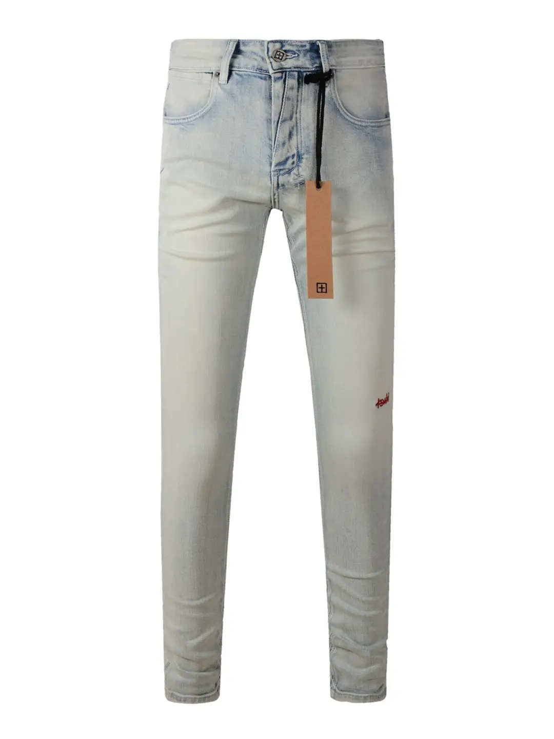 American fashion brand KSU's new light colored logo embroidered jeans are versatile for men and young people, with elastic and slim fit to show off their slim feet