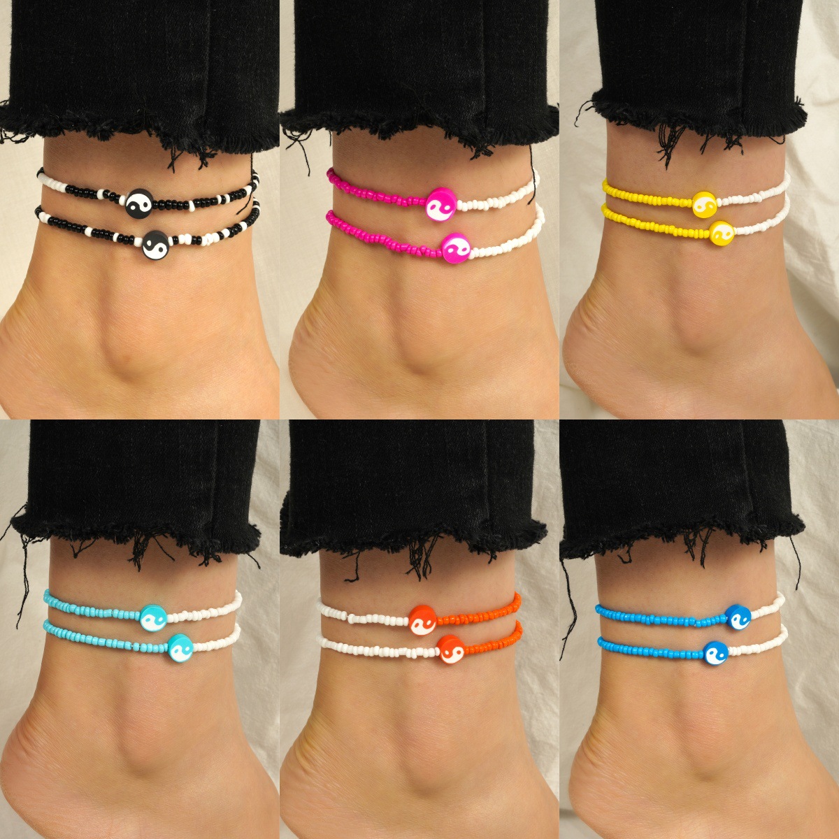 Amazon Hot Selling Yin Yang Tai Chi Elements Creative Ethnic Style Blessing Card Beads Beaded Women's Anklet