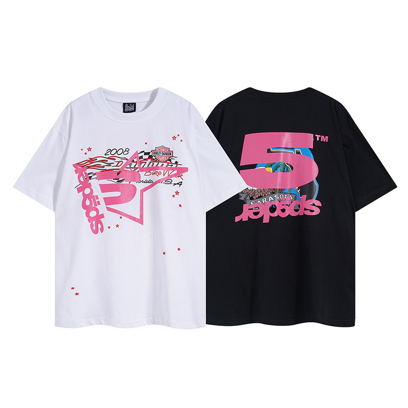 2025 New Summer Cross-Border Sp5Der Letter 555 Printed Casual Round Neck Micro-Elastic T-Shirt for Men and Women