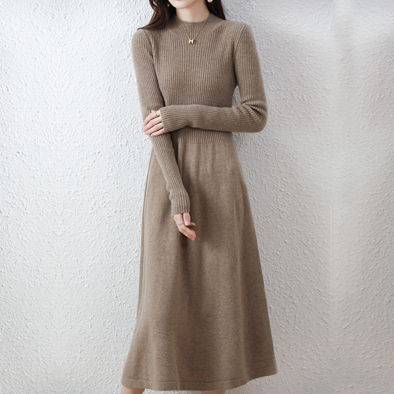 2025 Autumn/Winter New A-Line Dress for Women, Mid-Length Half-High Collar Sweater, Over-The-Knee Slimming Knitted Inner Dress