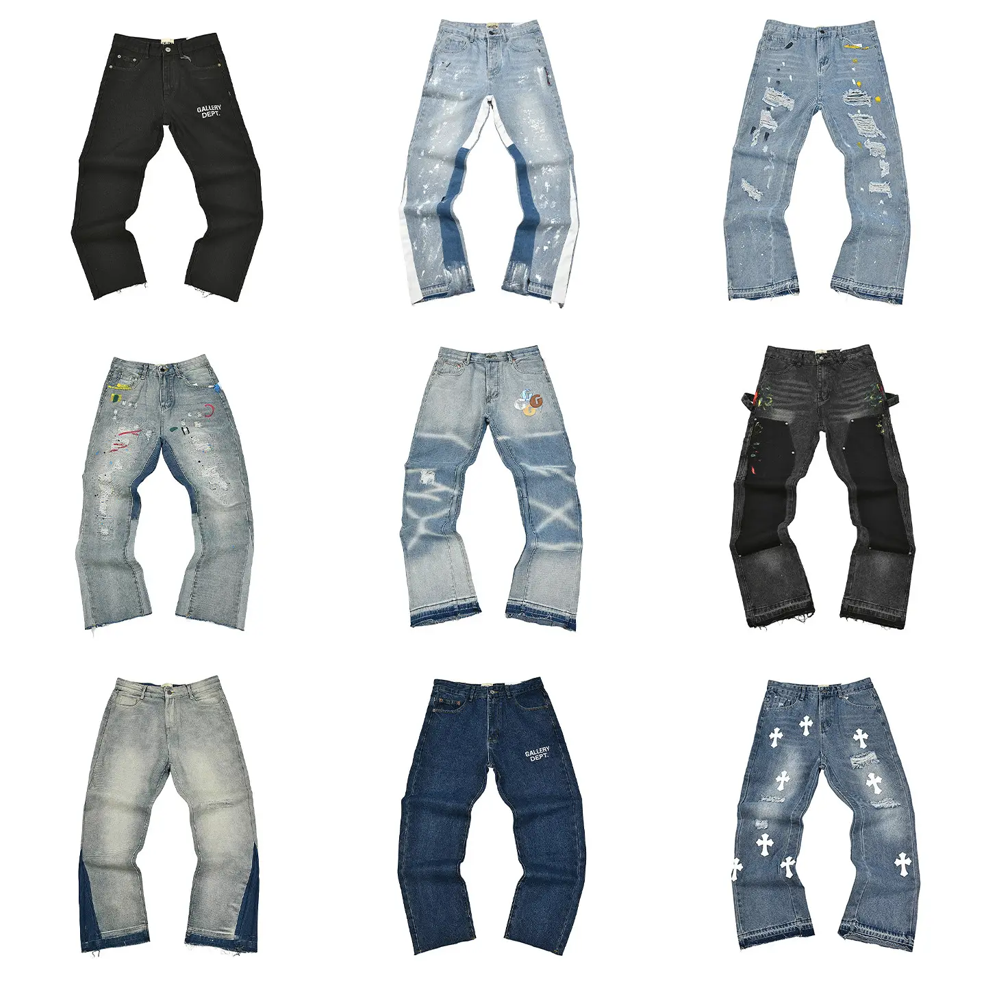 GALLERY DEPT. Denim Splicing Full Print Adhesive Leather Piercing Bellbottom Pants Washed and Used Pants Jeans Ins