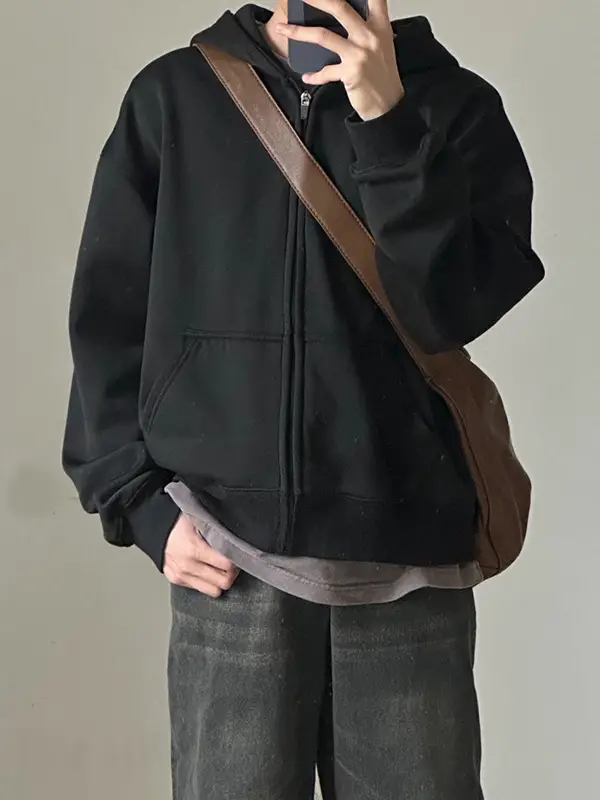 Cleanfit Black Long-Sleeved Sweatshirt Cardigan for Men in Autum with Heavy-Duty High-End Pure Color Jacket Casual Hoodie