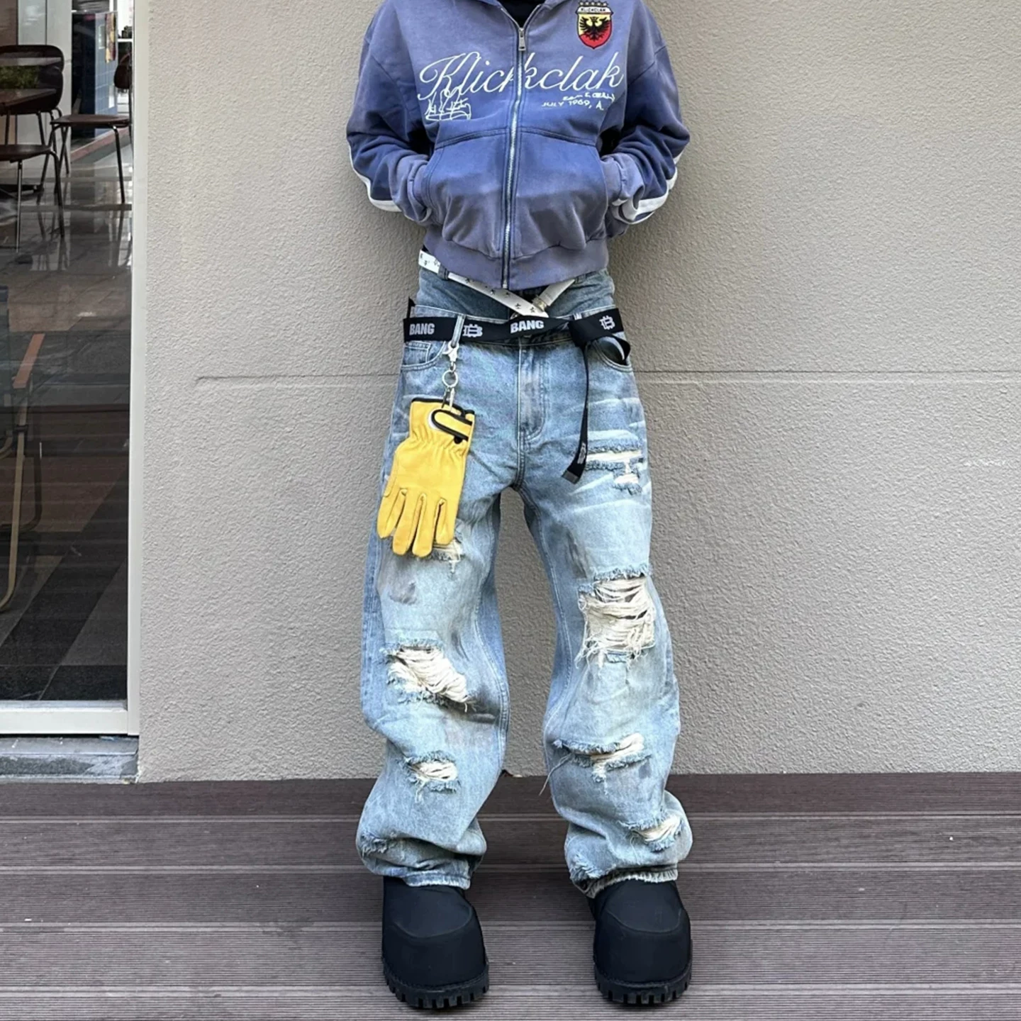 美式复古水洗破洞阔腿牛仔裤男2026新款双腰头设计感拖地裤子潮牌