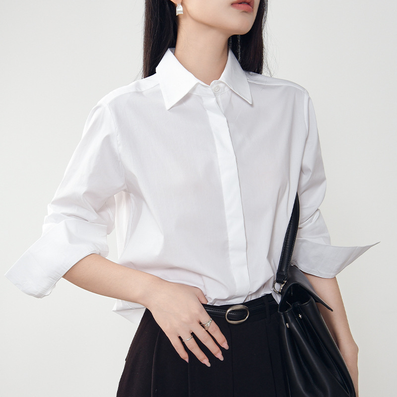 Spring New Style Cotton Blend Solid Color Long-Sleeved Shirt for Women, Loose Fit, Layered Wear, Korean Style Casual Lapel Shirt