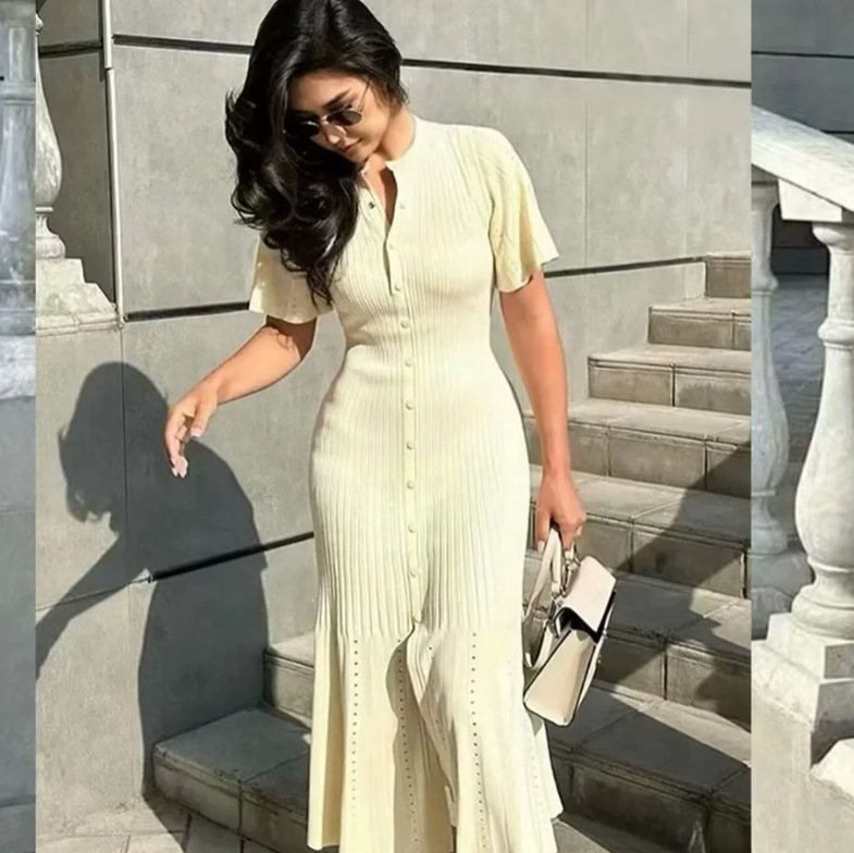 Cross-border AliExpress women's clothing wholesale explosion fashion simple solid color button short sleeve slim knit dress
