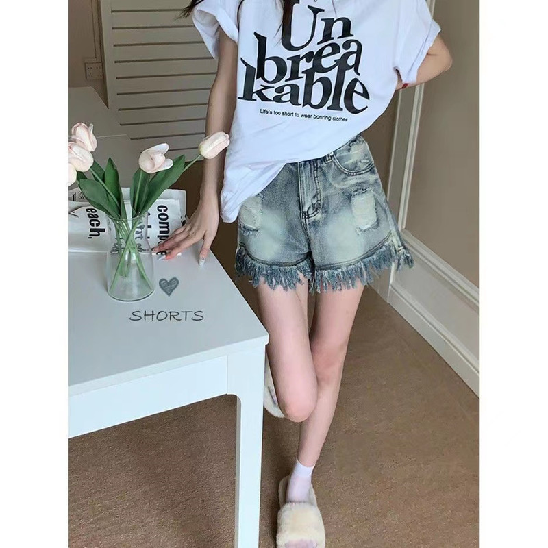 Vintage Ripped Jeans Women's Summer New High Waist Design Sense Loose Shorts Pants Hot Pants High Street ins Trendy