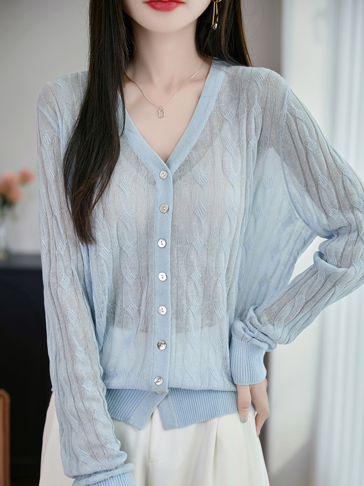 Micro-transparent Heavy Industry Twist French V-neck Air-conditioned Room External Knitted Cardigan Summer Long-sleeved Thin Top for Women