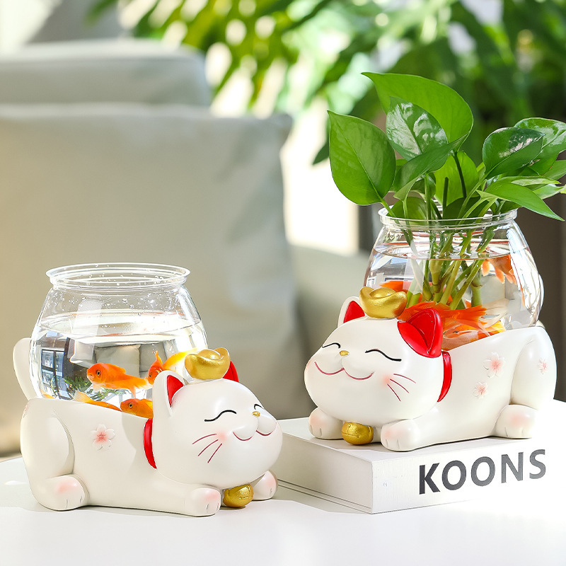 Ruijie New lucky cat hydroponic vase large fish tank living room desktop water flower container office micro landscape