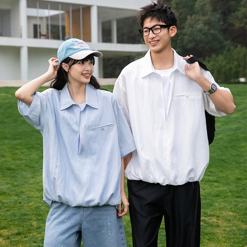 Lyocell Ice-Feel Linen Faux Two-Piece Short-Sleeve Shirt Unisex Summer Plus-Size Relaxed Style Loose Shirt Trendy