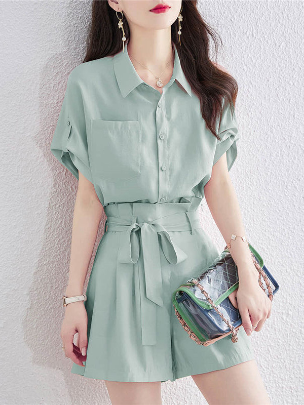 [Two-piece set] Temperament short-sleeved shirt women's loose shirt design sense high waist wide leg shorts fashion suit