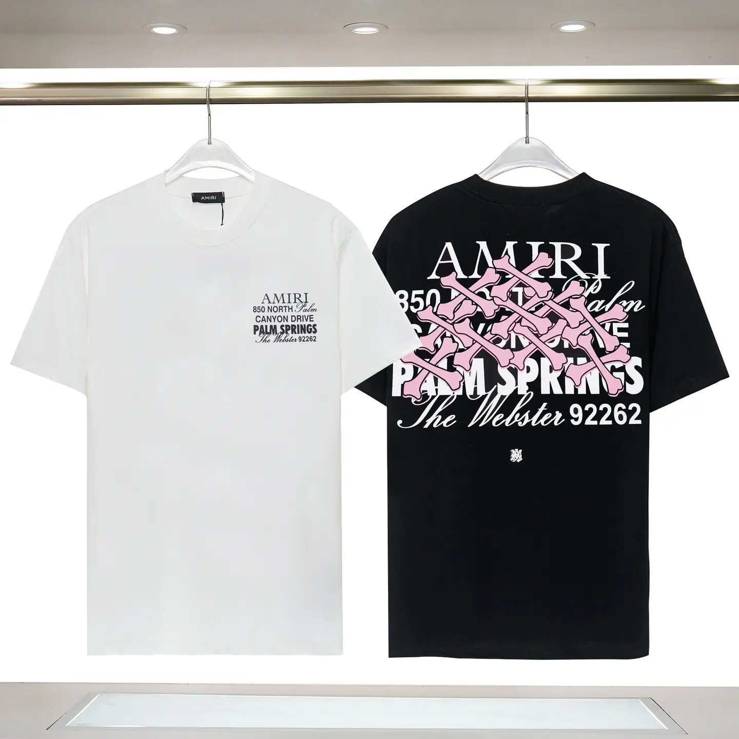 现货批发欧美潮牌AMIRI 粉色骨头印花男T恤纯棉双纱短袖