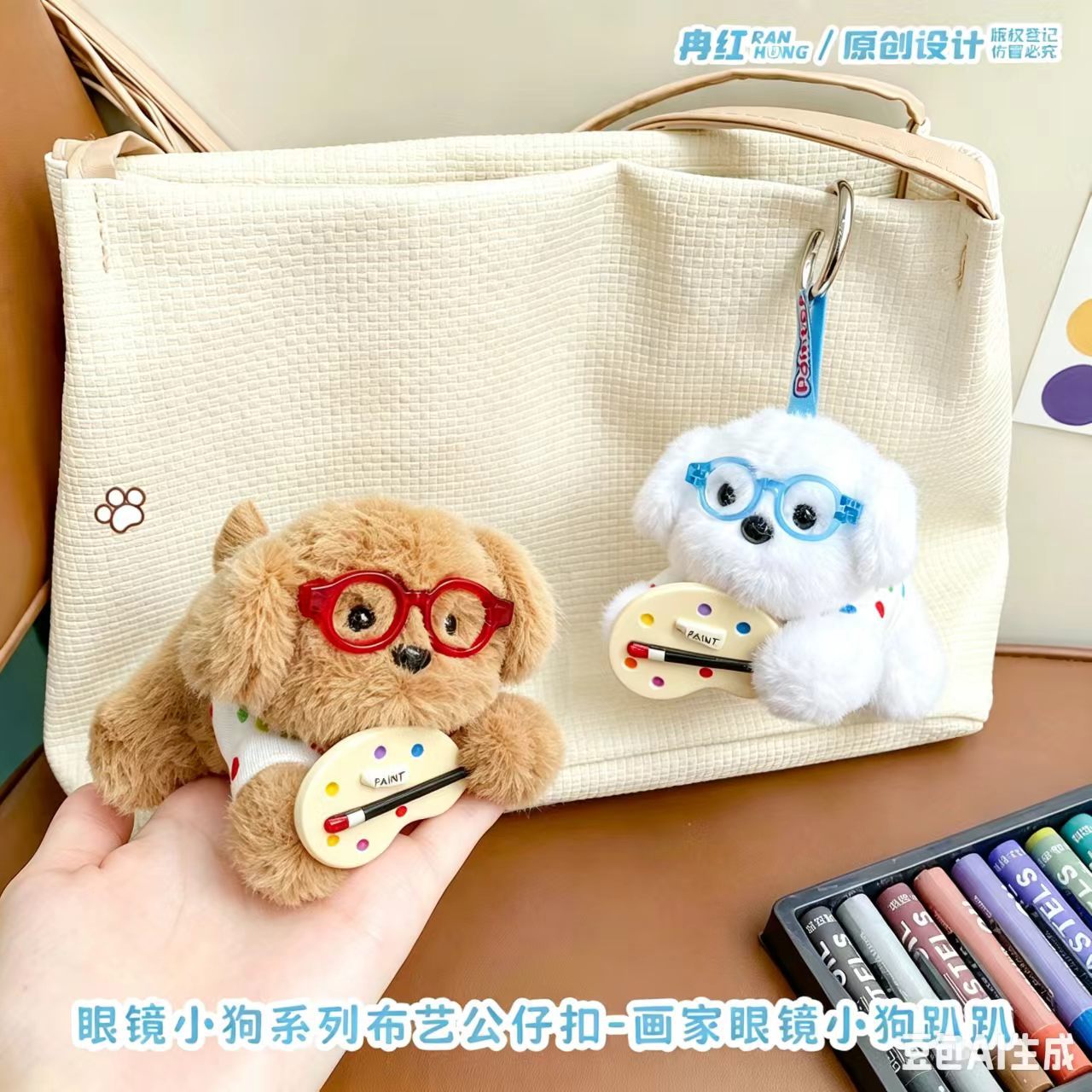 Cute and Adorable Artist-Themed Glasses-Wearing Puppy Plush Keychain Bag Charm Store Amusement Park Event Gift