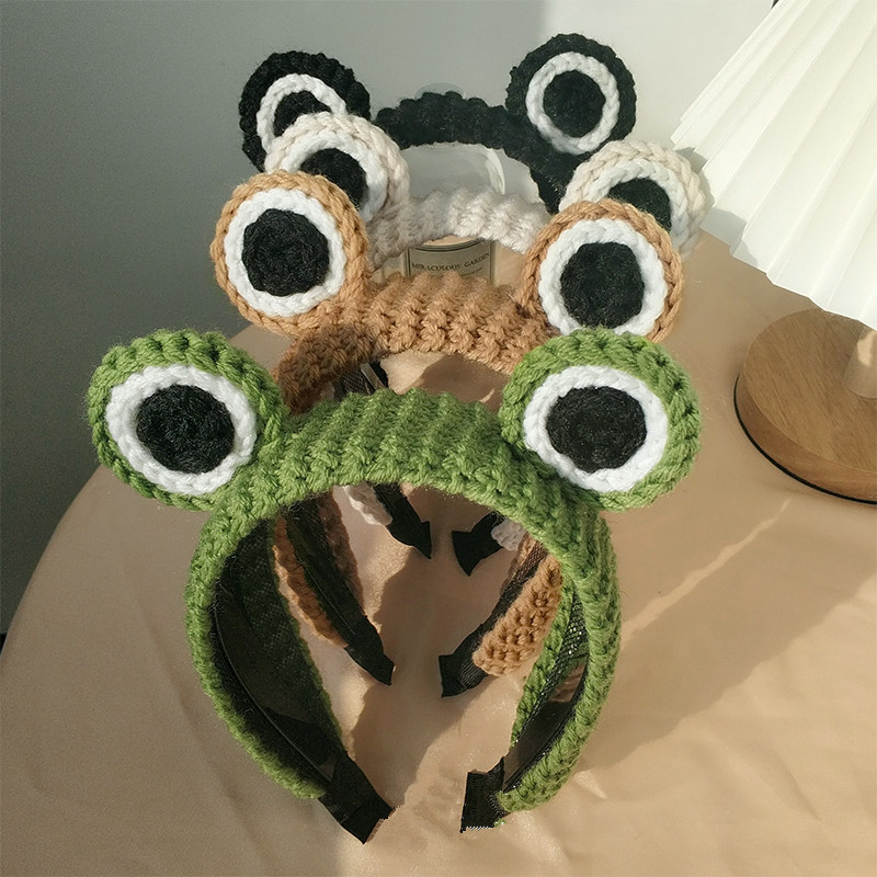Cartoon Fashion Big Eyes Frog Headband Women's Face Wash Cute Wool Knitted Headband Hairpin Anti-Slip Pressed Hair Headwear