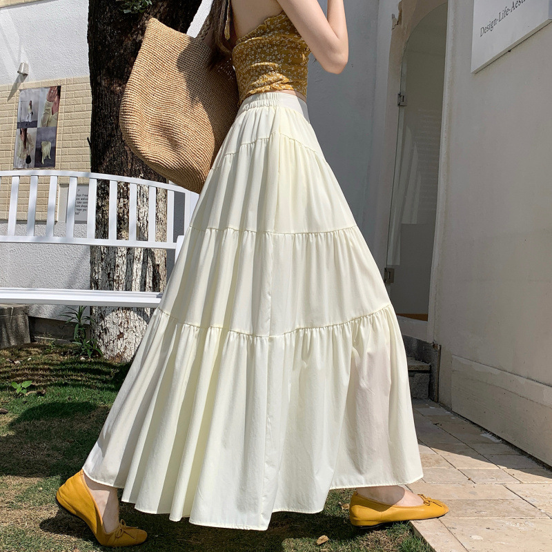 French-Style High-End Pleated Skirt for Women, Spring and Summer Elegant Cake Skirt, Solid Color, Large Hem A-Line Long Skirt