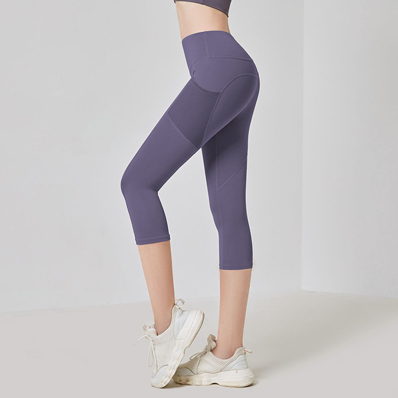 Spring and Summer New High Elastic Naked Tight Sports Fitness Cropped Pants Side Mesh Pocket Slim-fit High Waist Yoga Pants